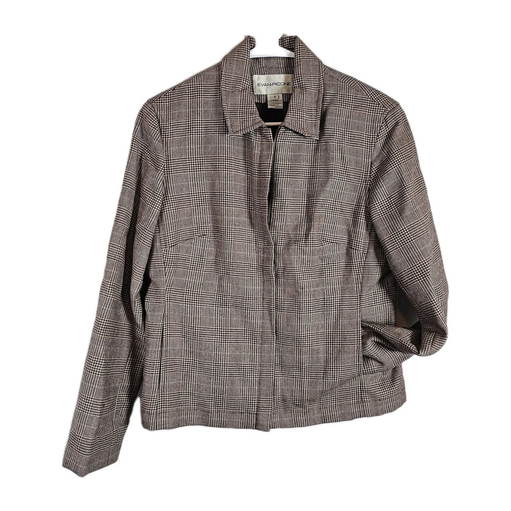 Evan Picone Jacket Blazer‎ Size 8 Hidden Zip Front Wool Plaid Lined Womens READ